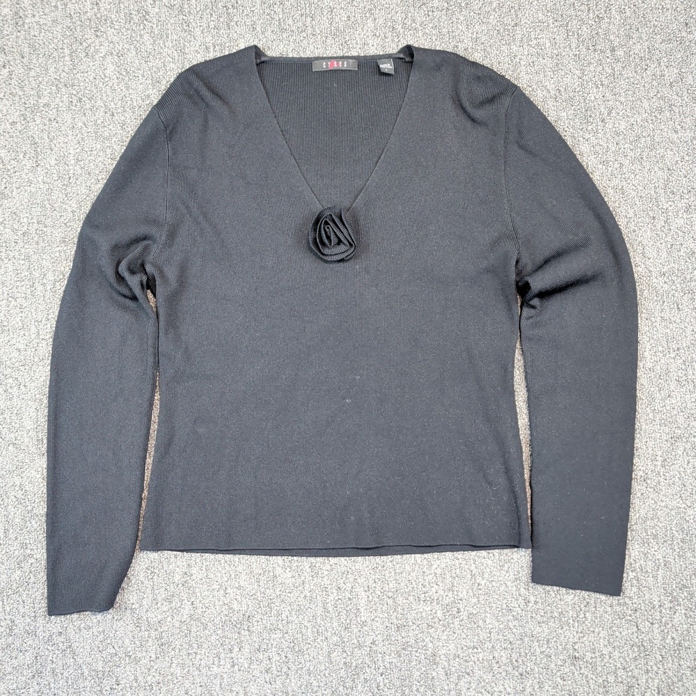 Cyrus Y2K Rosette Black V-Neck Ribbed Knit Sweater Large Vintage Dark Academia